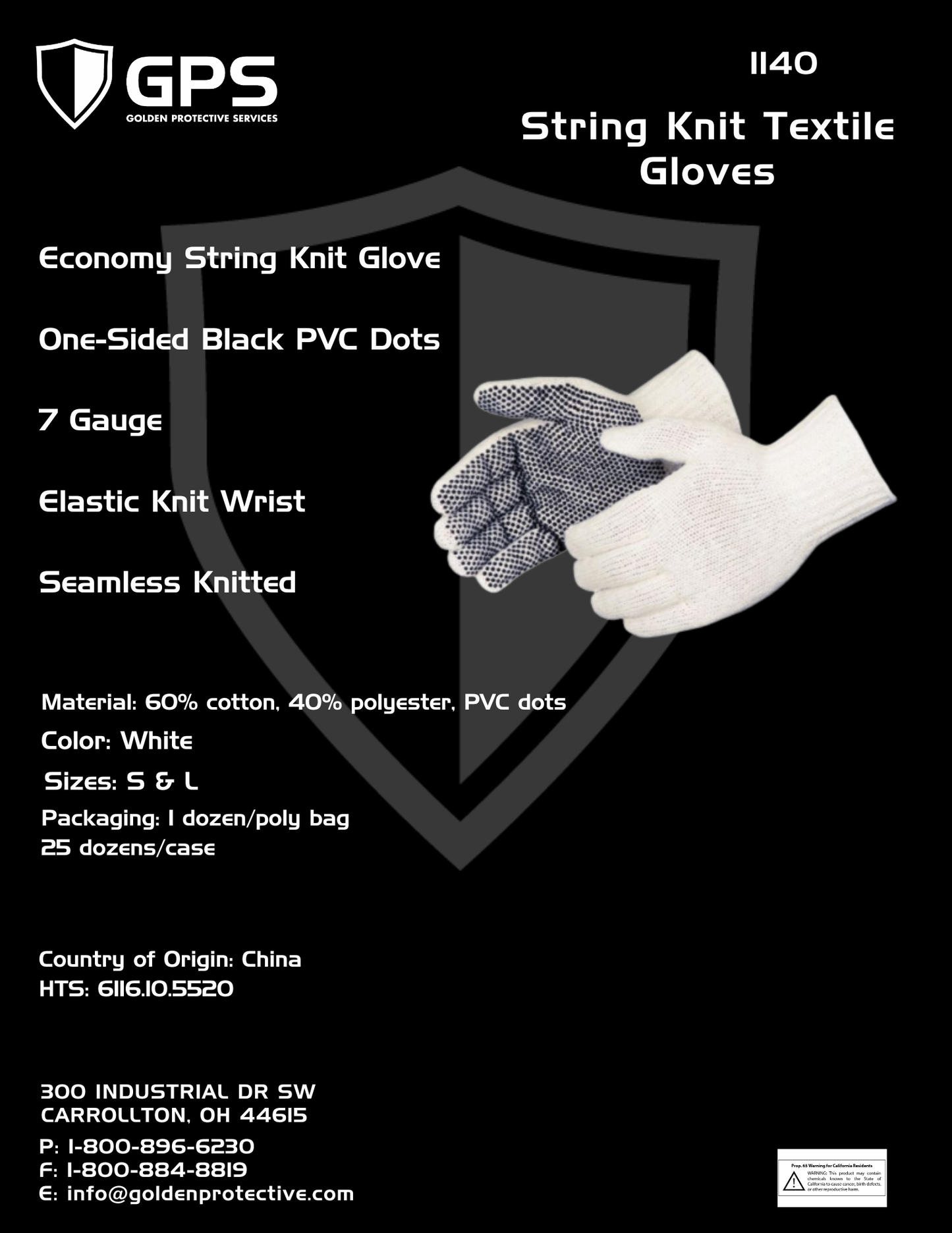 1140 Economy Black PVC Dotted String Knit Gloves | 7 Gauge Cotton Poly Work Gloves