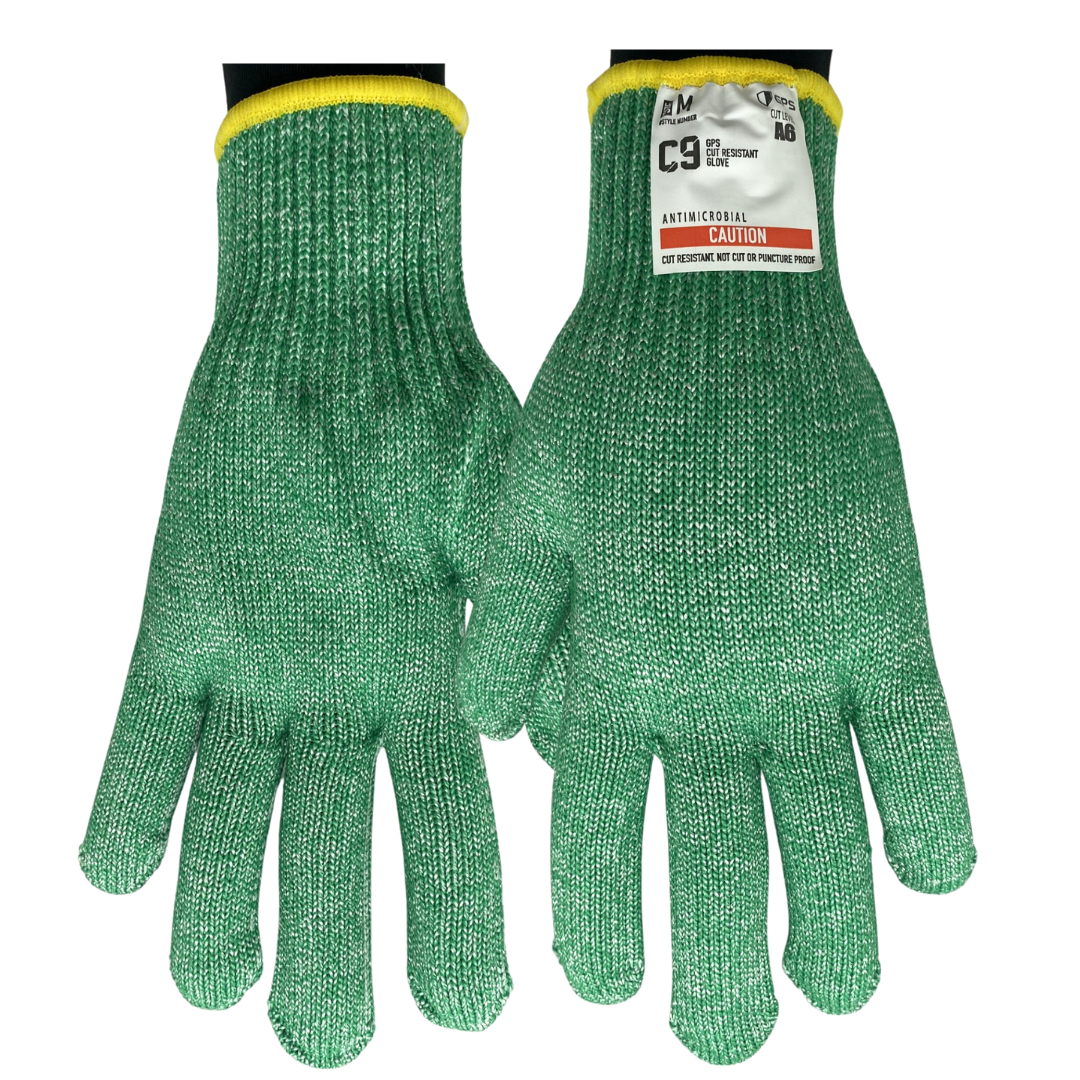 C9 Cut Resistant 10 Gauge, ANSI 6 Green Glove, Antimicrobial – GPS