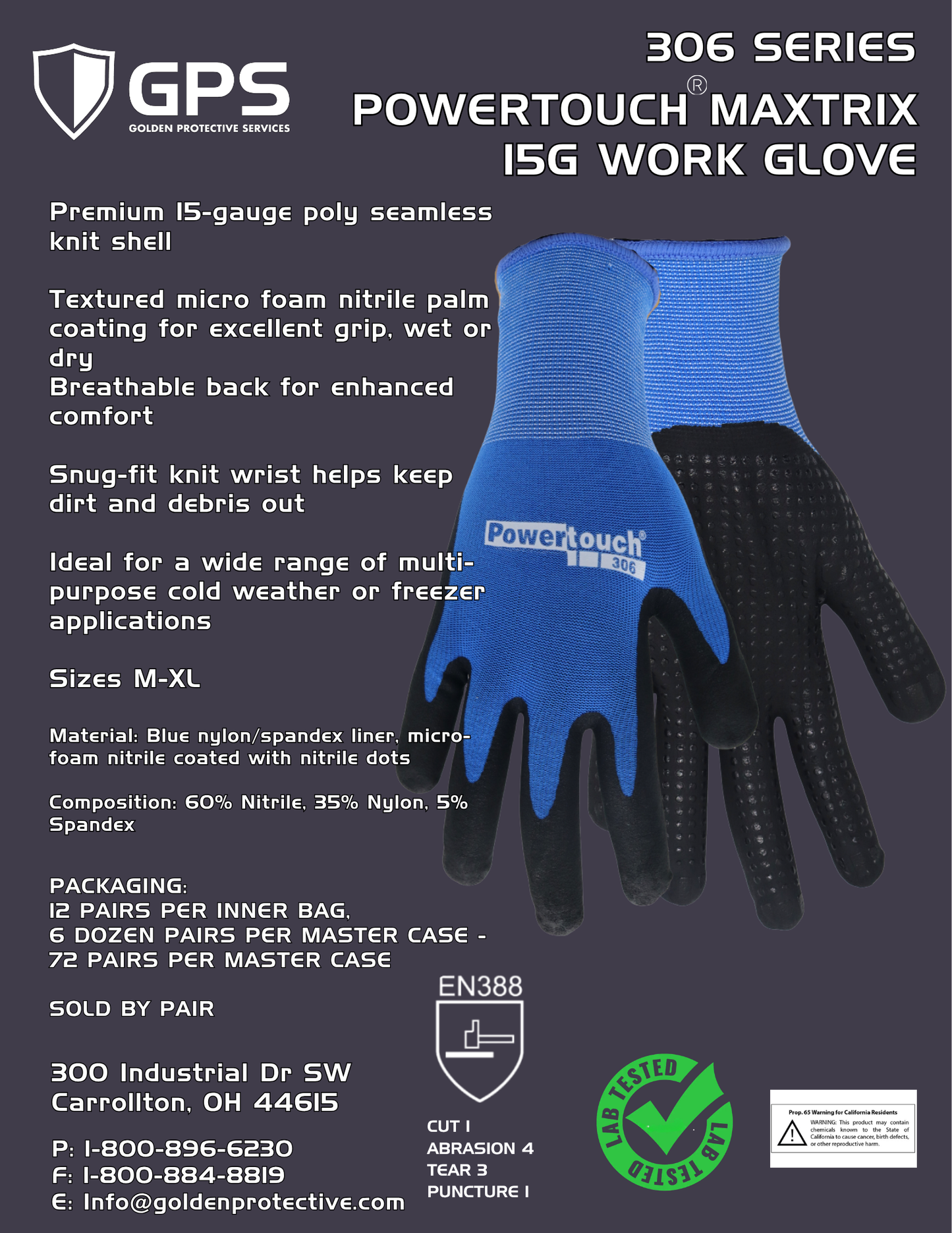 PowerTouch® 306 Gloves – Nitrile Grip Work Gloves | 15-Gauge Nylon | S-XL