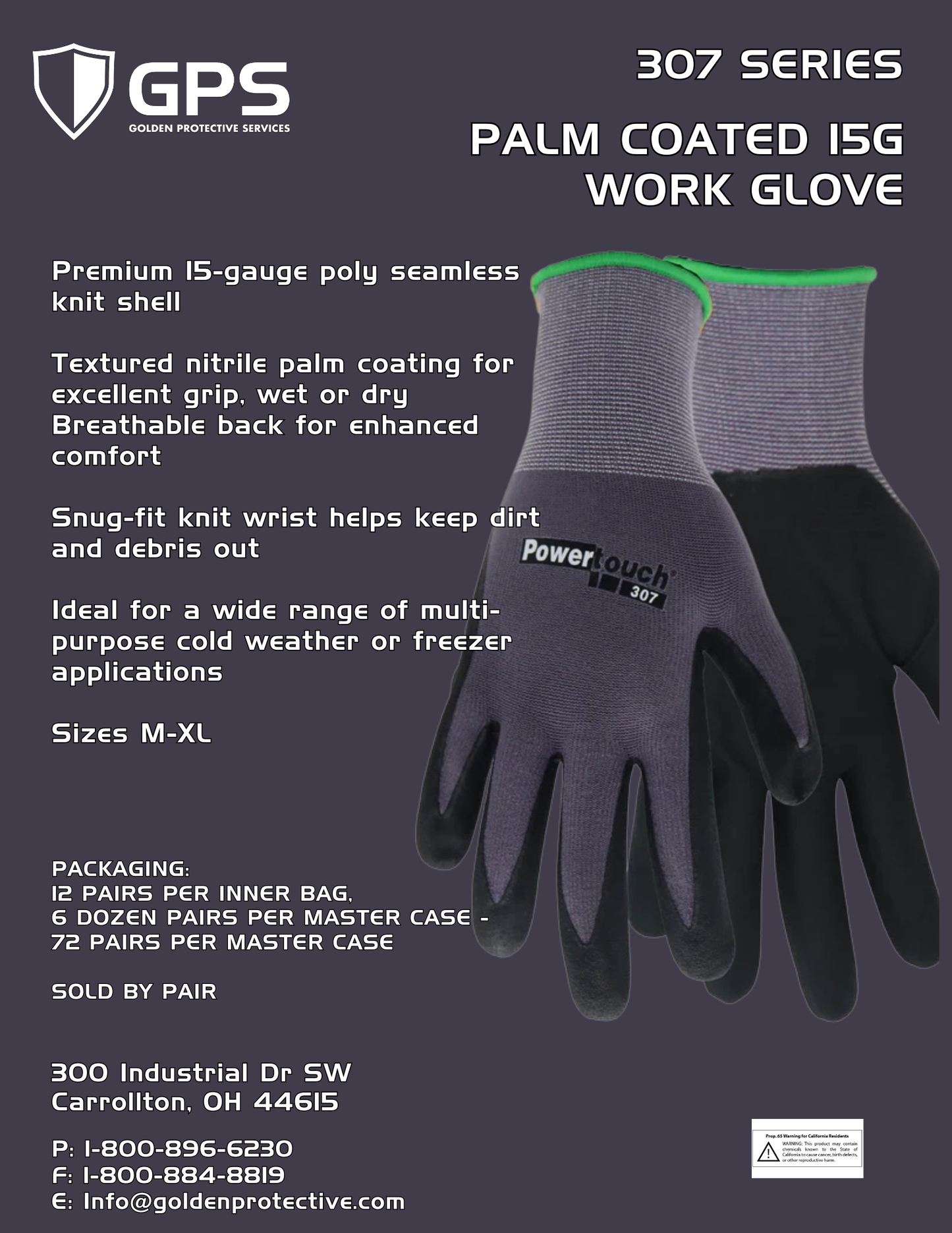 307 Series Powertouch® 15 Gauge Palm Coated Work Glove, Gray/Black, Sizes M-XL