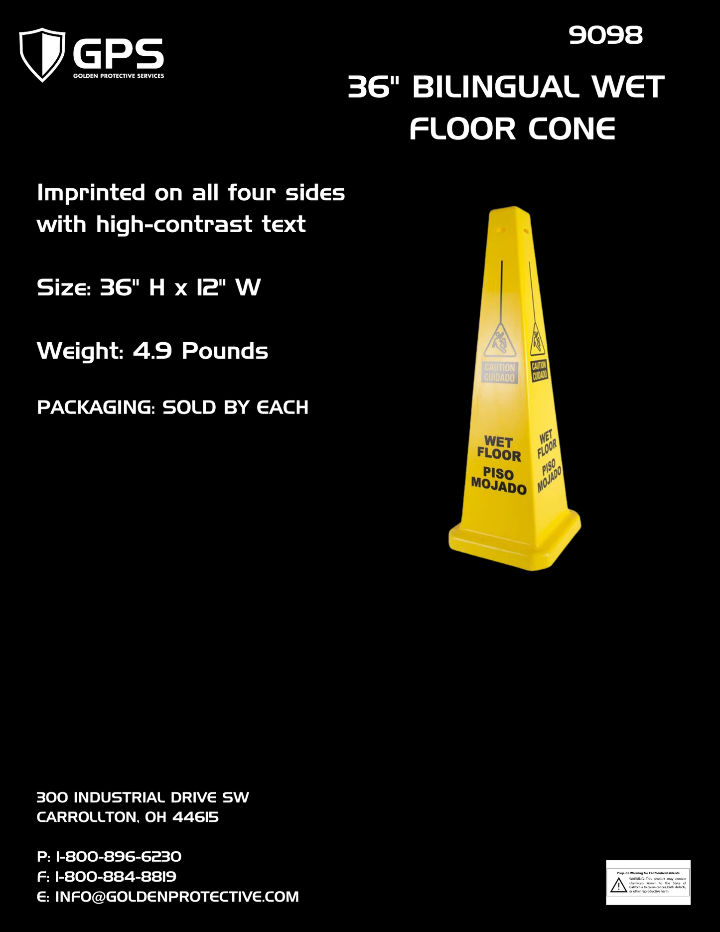 36 Inch Bilingual Wet Floor Cone | High Visibility Safety Cone 9098
