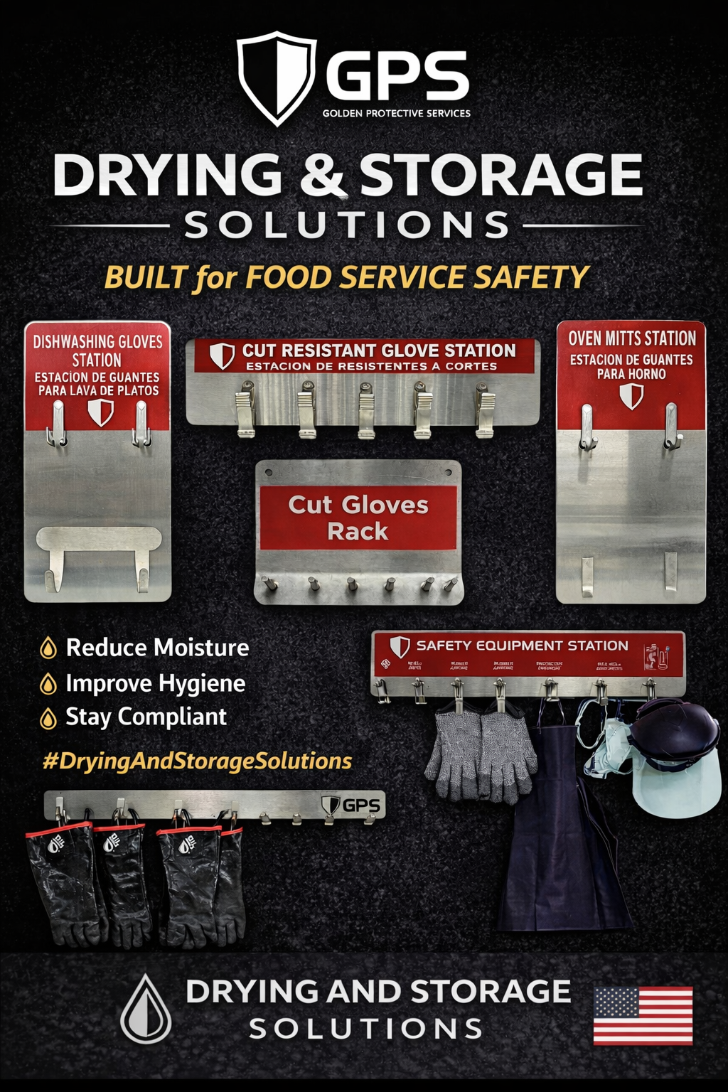 Oil Shield™ Glove Drying & Storage Rack – Stainless Steel, Holds 4 Pairs (Made in USA)