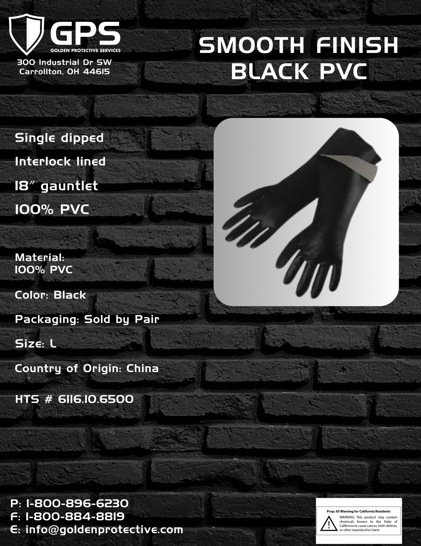 GP2238 PVC Smooth 18" Interlocked Lined Gloves – Black, Large (Pair)