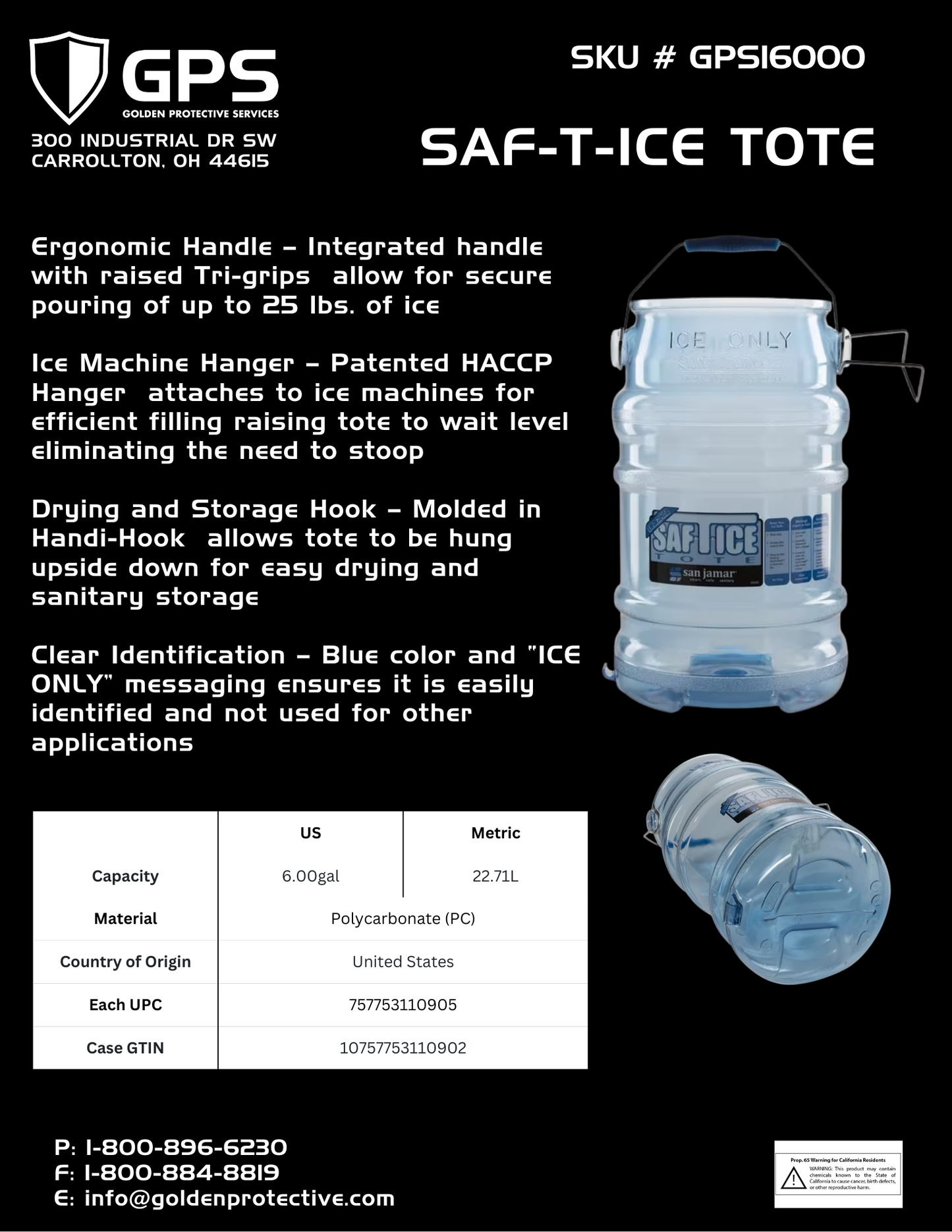 GPS16000 Ice Tote with Ergonomic Handle – HACCP “ICE ONLY” Blue Bucket