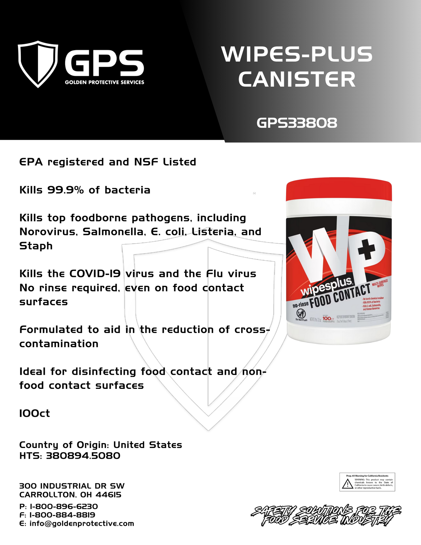 GPS33808 WipesPlus Canister Wipes 100ct | EPA Registered Sanitizing Wipes