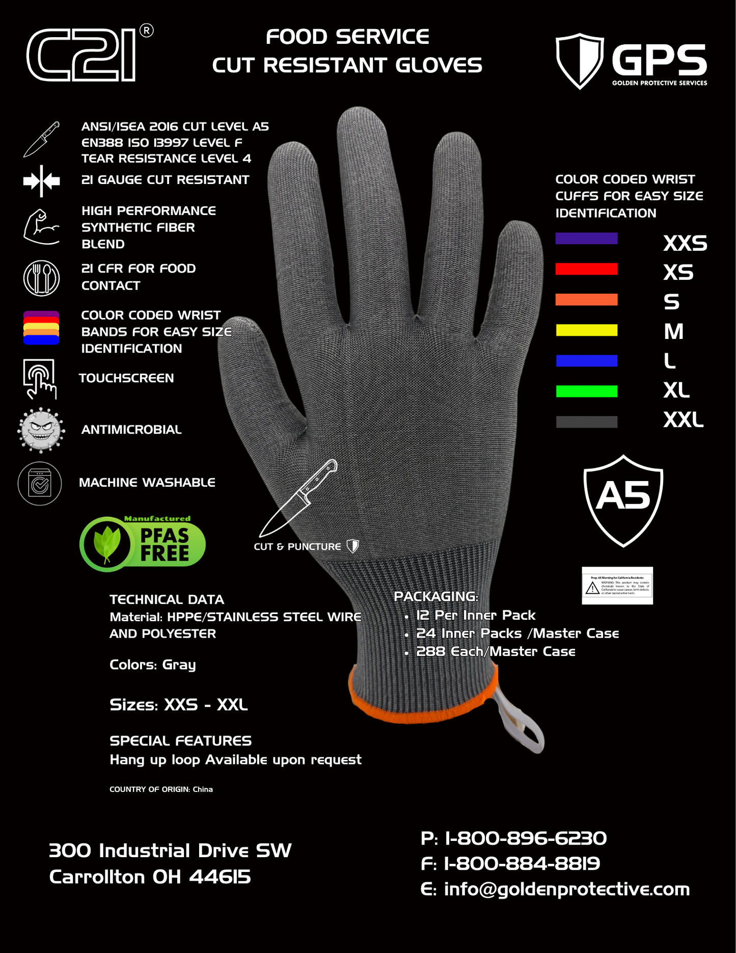 C21® Cut Resistant Gloves – A5 / Level F, 21 Gauge, Food Safe, Touchscreen