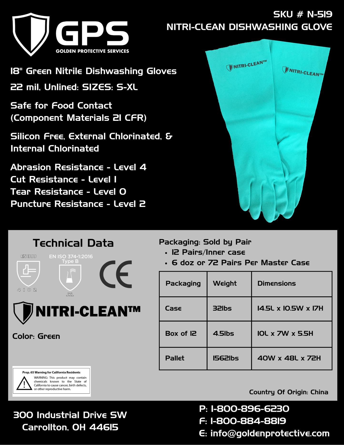 Nitri-Clean™, Green Nitrile Dishwashing Gloves, 22 mil, 18" - Sizes S-XXL