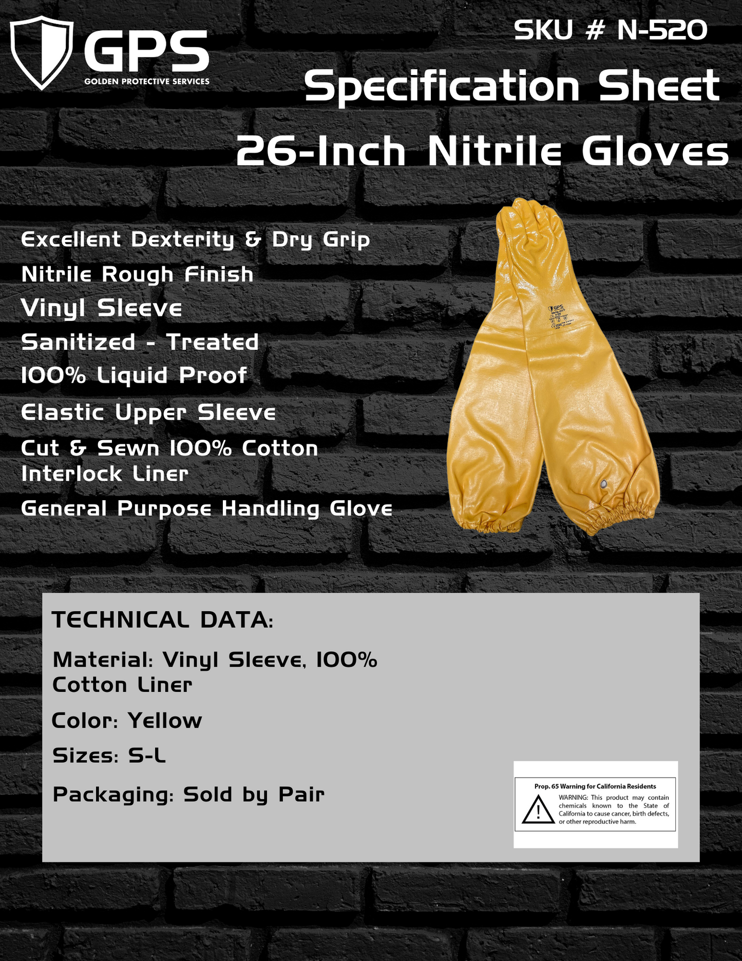 N-520 Yellow Cotton Lined 26" Nitrile Gloves - Sizes S-XL