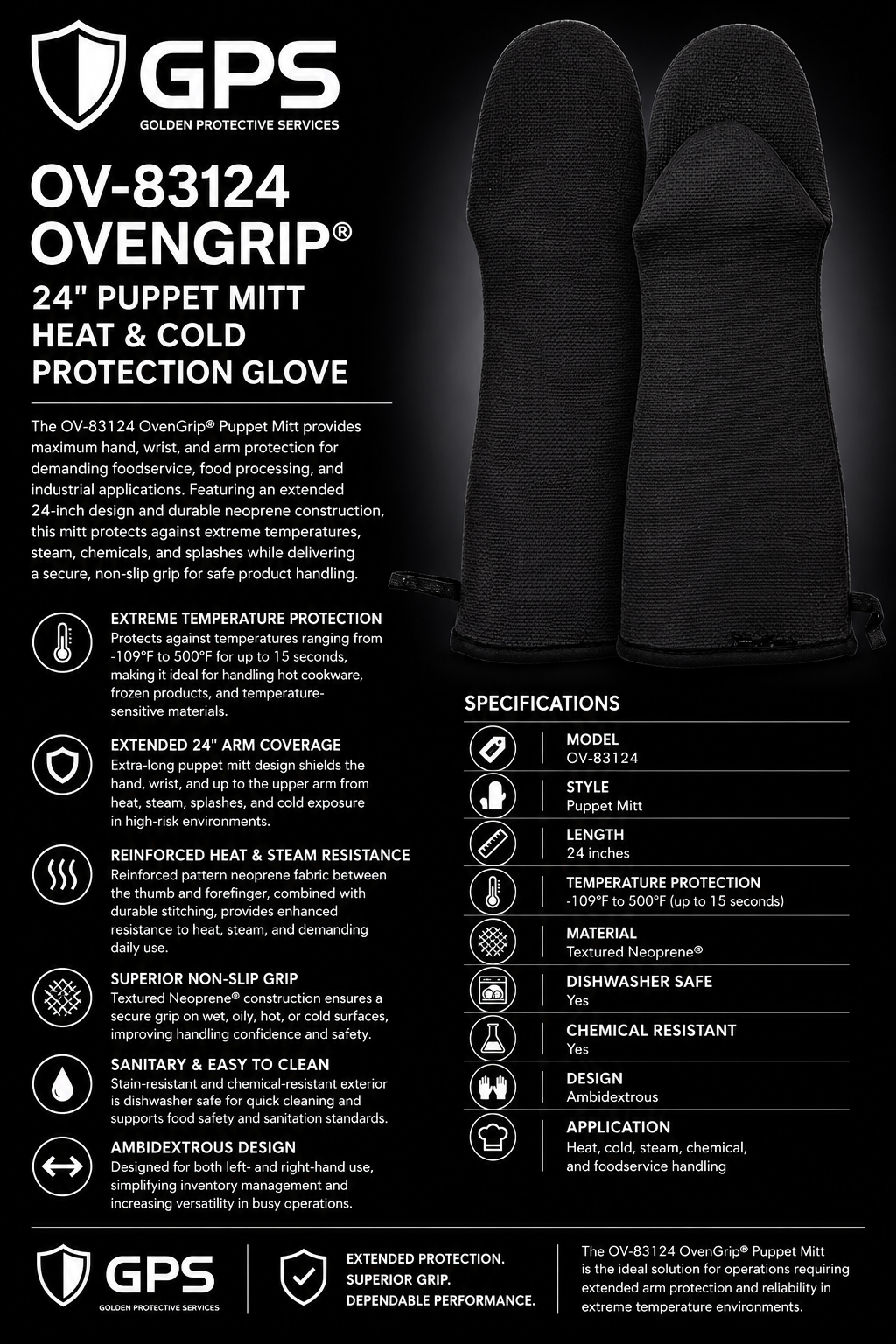 OV-83124 OvenGrip® 24" Puppet Mitt Heat & Cold Resistant Neoprene Glove | Extended Arm Protection
