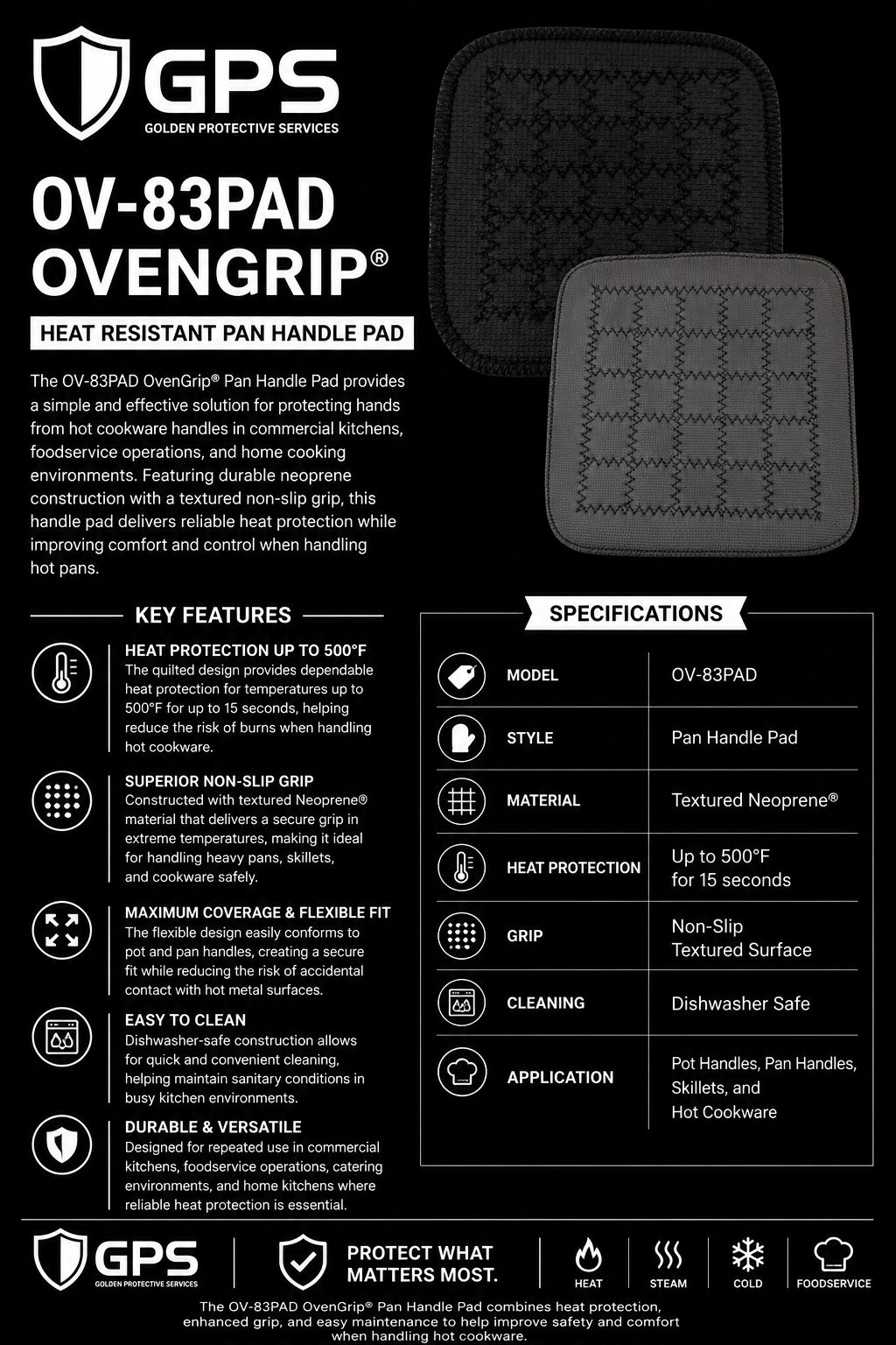 OV-83PAD OvenGrip® Heat Resistant Pan Handle Pad | Non-Slip Neoprene Protection Up to 500°F