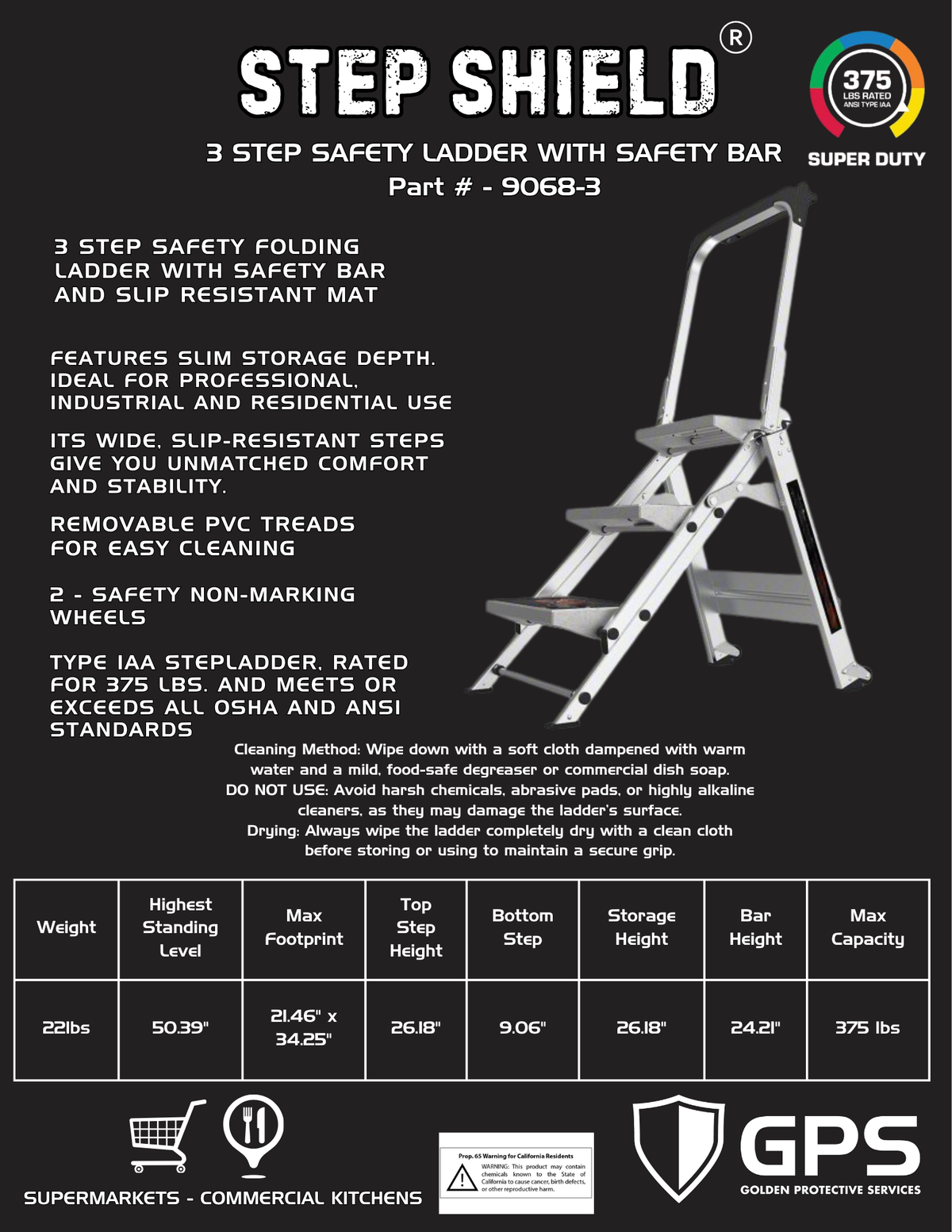 3 Step Shield® Safety Step Ladder with Safety Bar