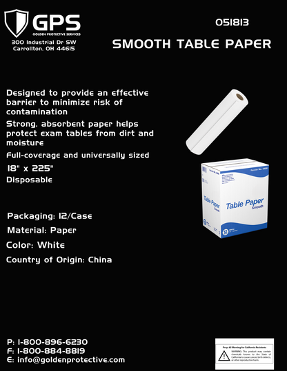 Smooth Table Paper, 18" x 225", Strong Absorbent Paper, 12 Rolls Per Case