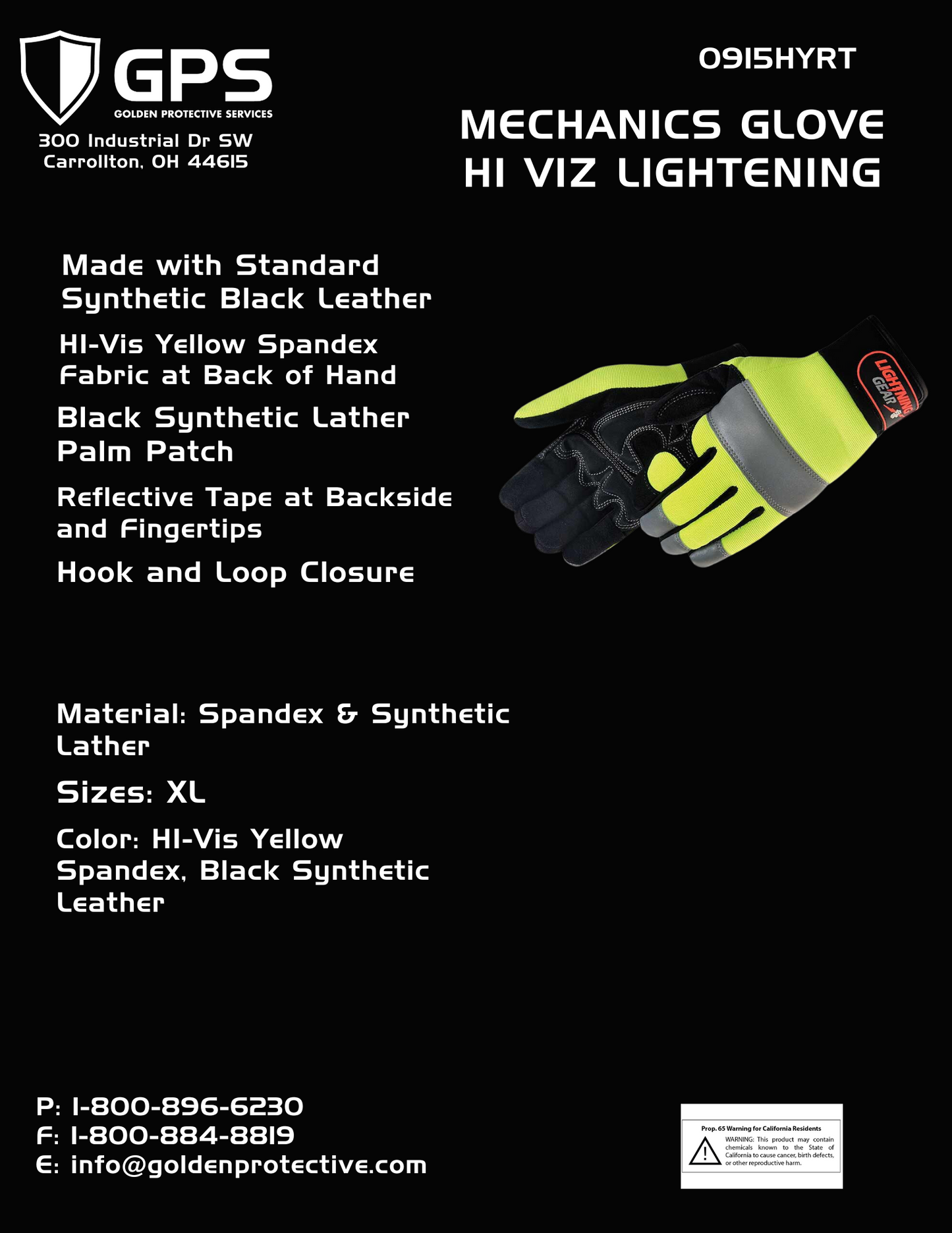 Mechanics Hi Viz Lightning Glove, Black Synthetic Leather Palm, Reflective Tape