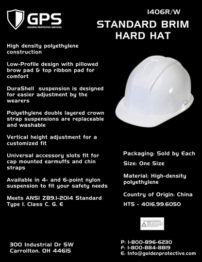 Duarshell Standard Brim Hard Hat, Cap Style, White, ANSI