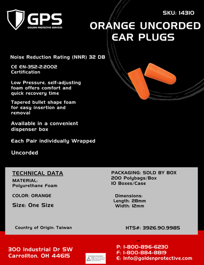 32DB Orange Uncorded Ear Plugs - 200 Pair/Box
