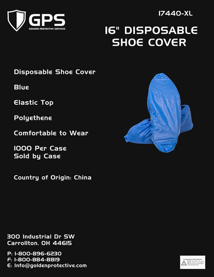 Disposable Shoe Cover, Blue, Elastic Top, 16"