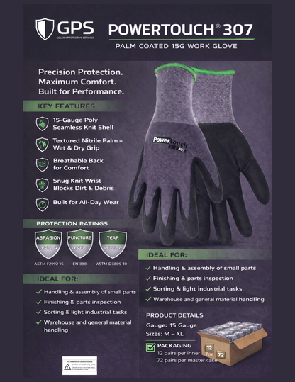 307 Series Powertouch® 15 Gauge Palm Coated Work Glove, Gray/Black, Sizes M-XL