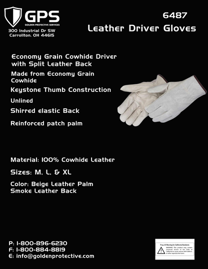 6487 Leather Driver Gloves, Split Leather Back, Keystone Thumb Design, Sizes M-XL