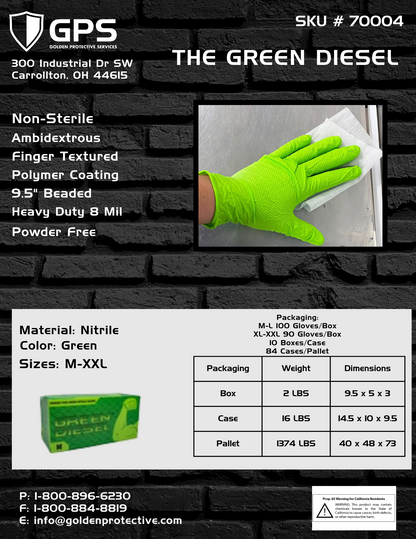 The Green Diesel®, Powder Free Nitrile Disposable Gloves, 8 Mil
