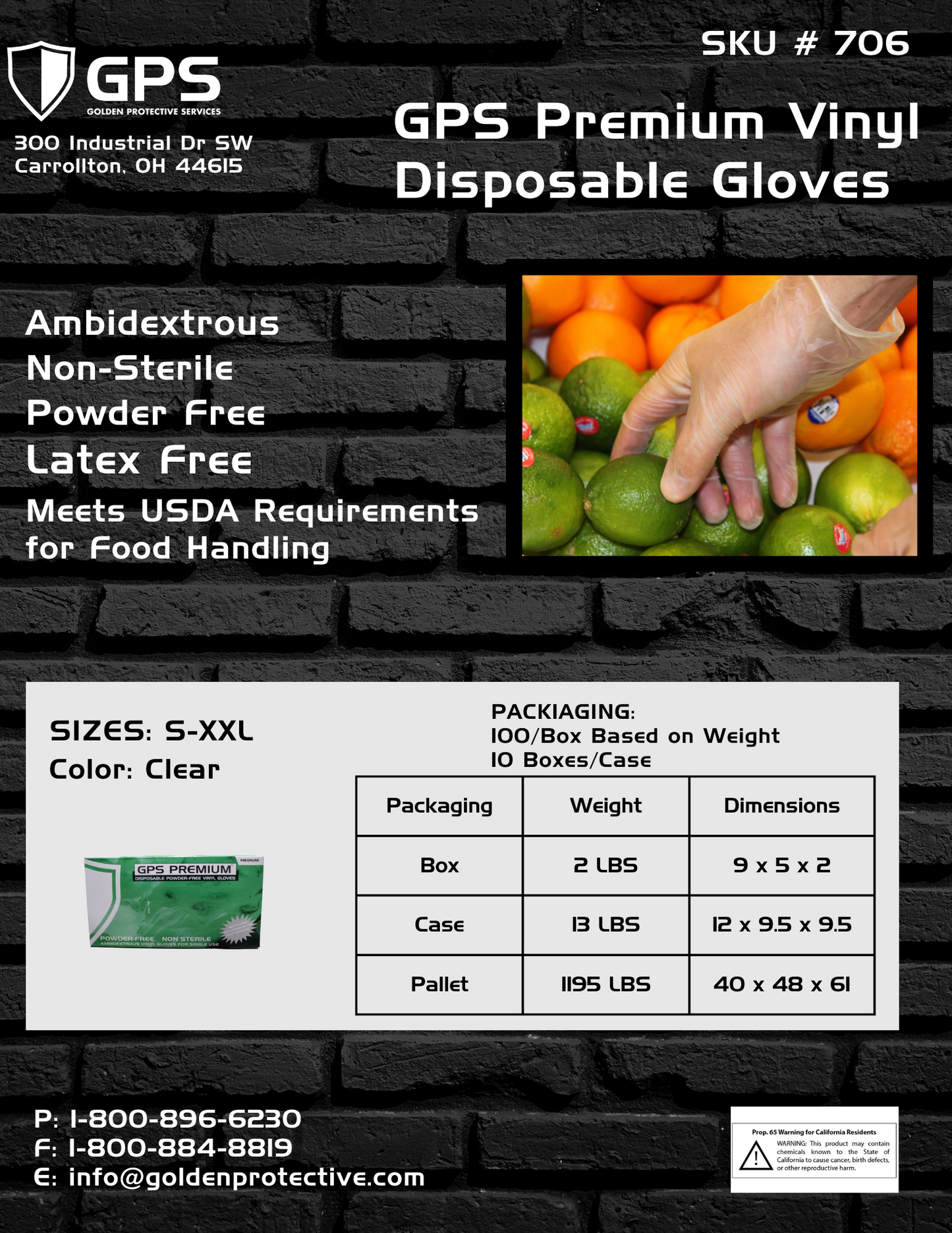GPS Premium Vinyl Disposable Gloves Powder Free - Sizes S-XXL