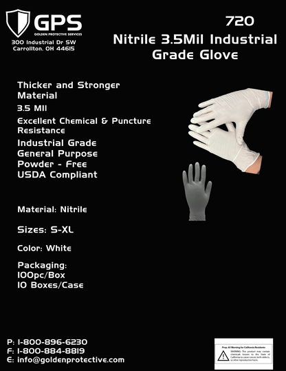 Nitrile 4.5Mil Disposable Grade Gloves, Powder Free, White, Sizes S-XL, 100 Gloves Per Box