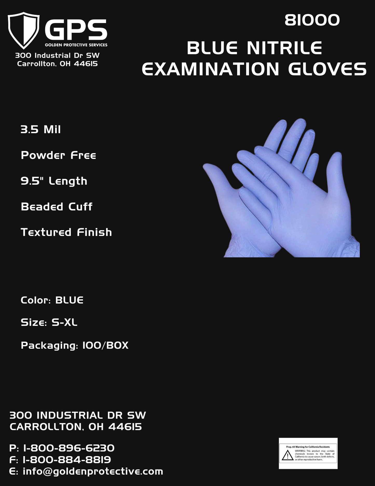 Nitrile Examination Gloves, Blue, Powder Free
