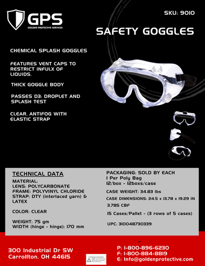 Safety Goggles, Vent Caps, Clear, Antifog with Elastic Strap