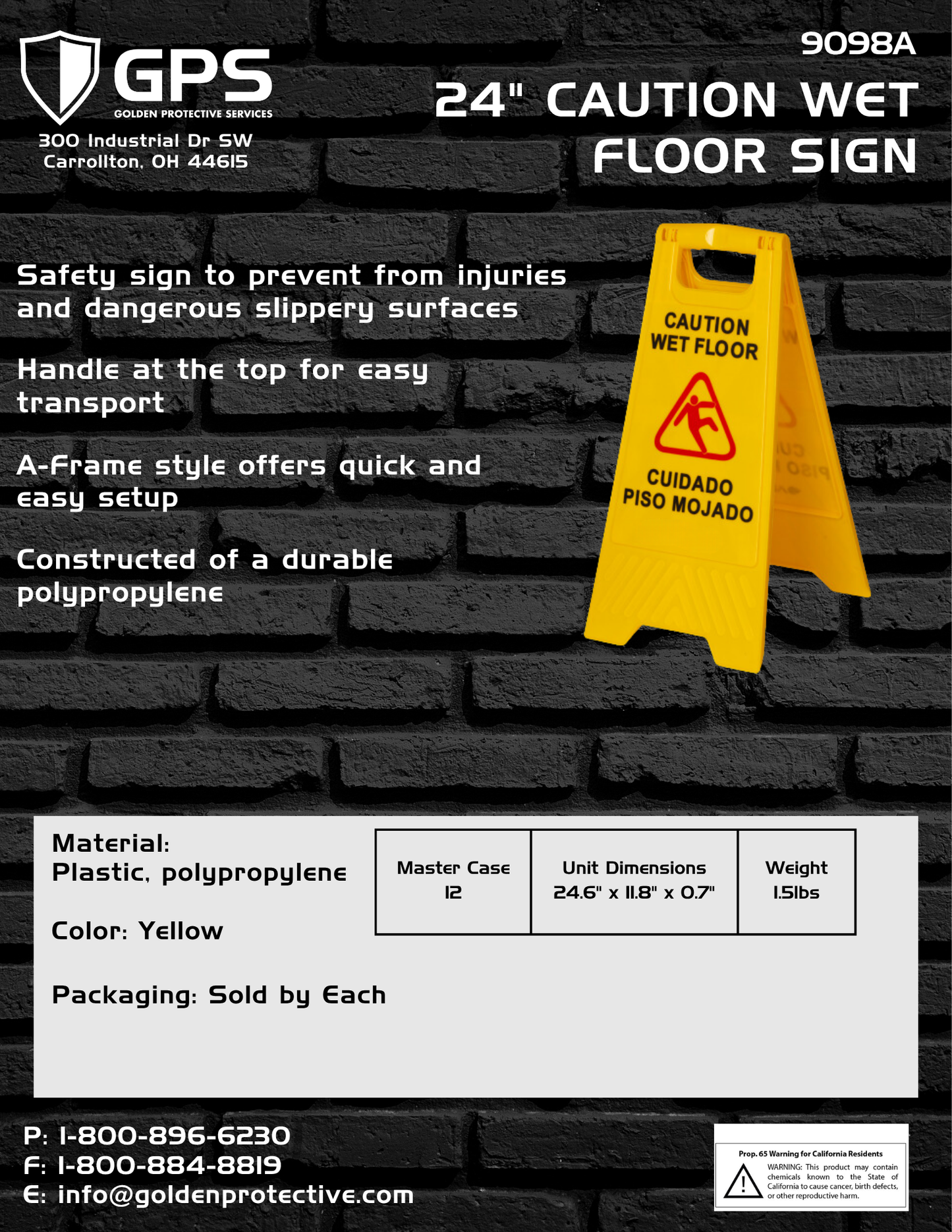 24" Caution Wet Floor Sign – Yellow A-Frame Safety Sign (9098A)