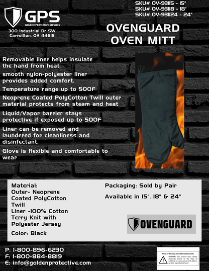 OvenGuard® 24" Oven Mitts, Burn & Steam Protection, 500 Degree Temp Rating, Black, Rough Finish on Hand for Grip, Sold by Pair