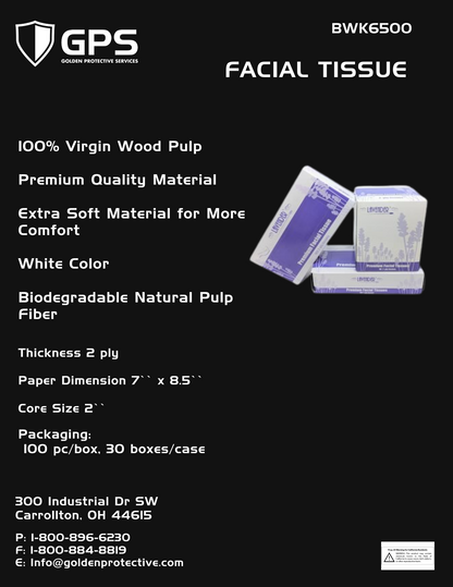 FACIAL TISSUE, FLAT BOX, 2-PLY, WHITE, 100 SHEETS/BOX, 30 BOXES/CASE