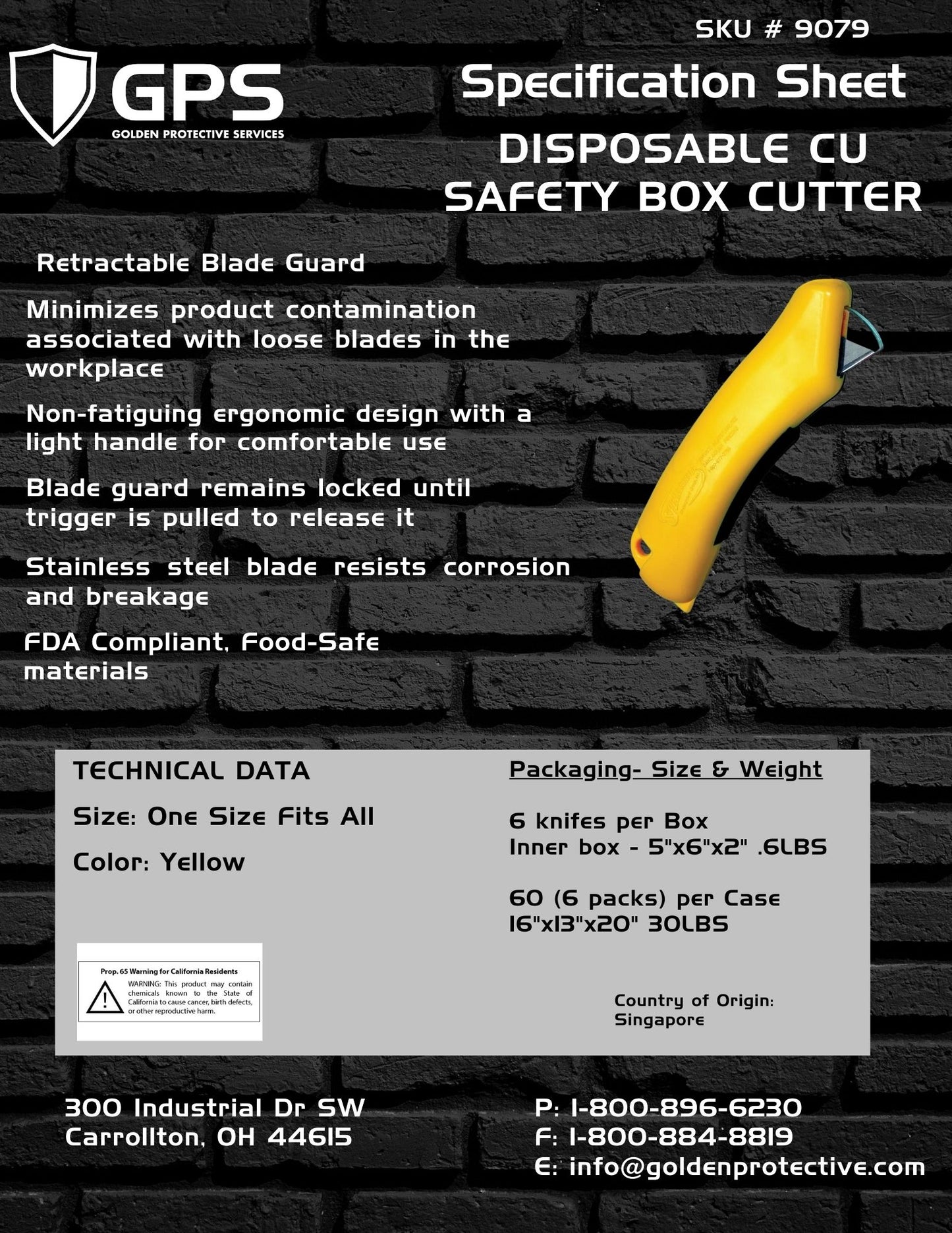 Disposable CU Safety Box Cutter, 6/pack, Yellow