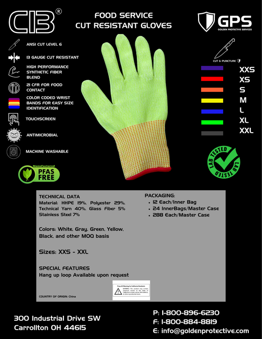 C13® Hi-Vis Cut Resistant Gloves A6 | 13 Gauge Food Safe Gloves