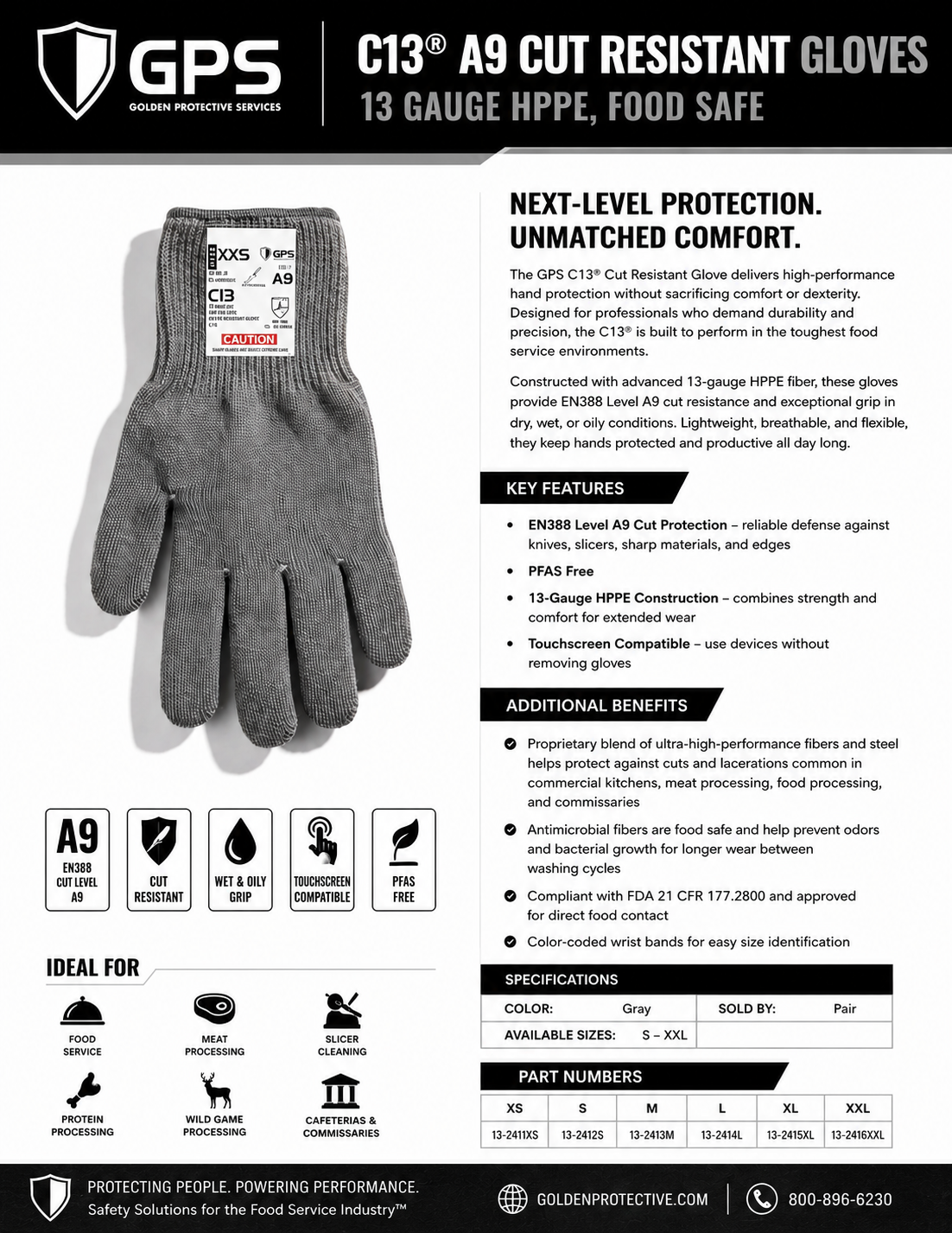 C13® A9 Cut Resistant Gloves | 13 Gauge HPPE Food Safe Gloves