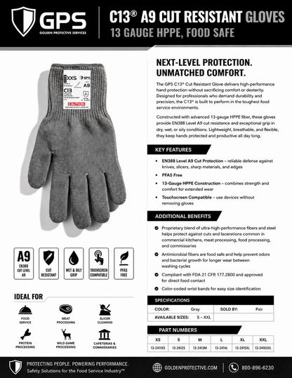 C13® A9 Cut Resistant Gloves | 13 Gauge HPPE Food Safe Gloves