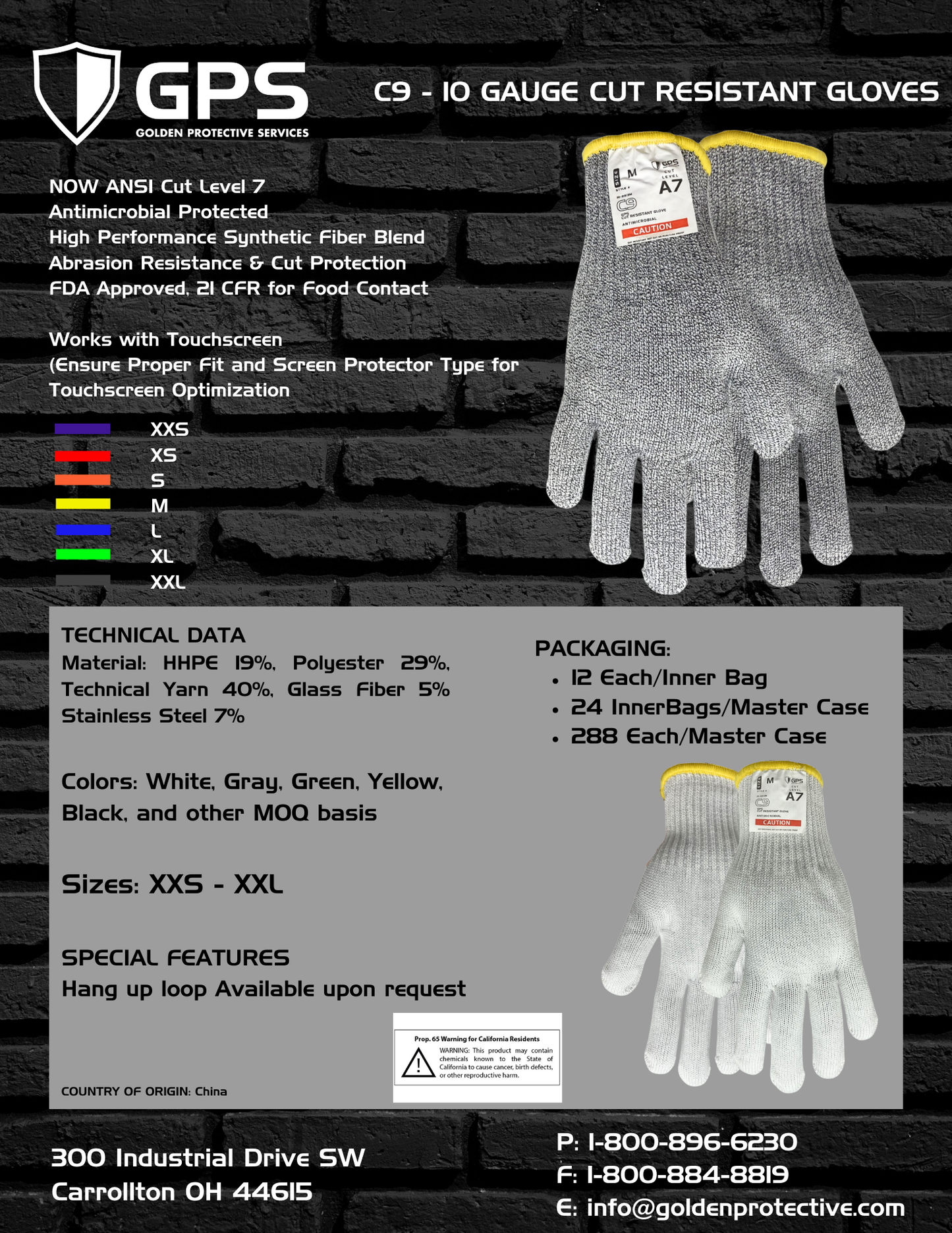 C9, 10 Gauge Cut Resistant Grey Glove ANSI Cut Level 7