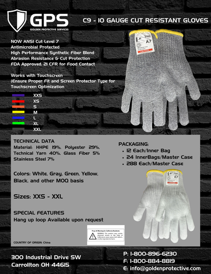 C9, 10 Gauge Cut Resistant White Glove with Hang Up Loop, ANSI Cut Level 7 - Sizes XXS-XXL