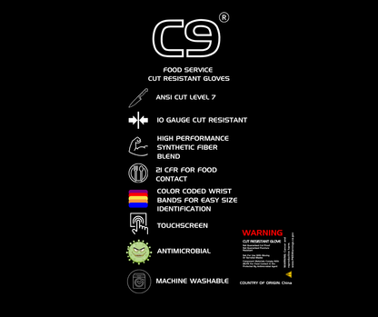 C9, 10 Gauge Cut Resistant White Glove with Hang Up Loop, ANSI Cut Level 7 - Sizes XXS-XXL