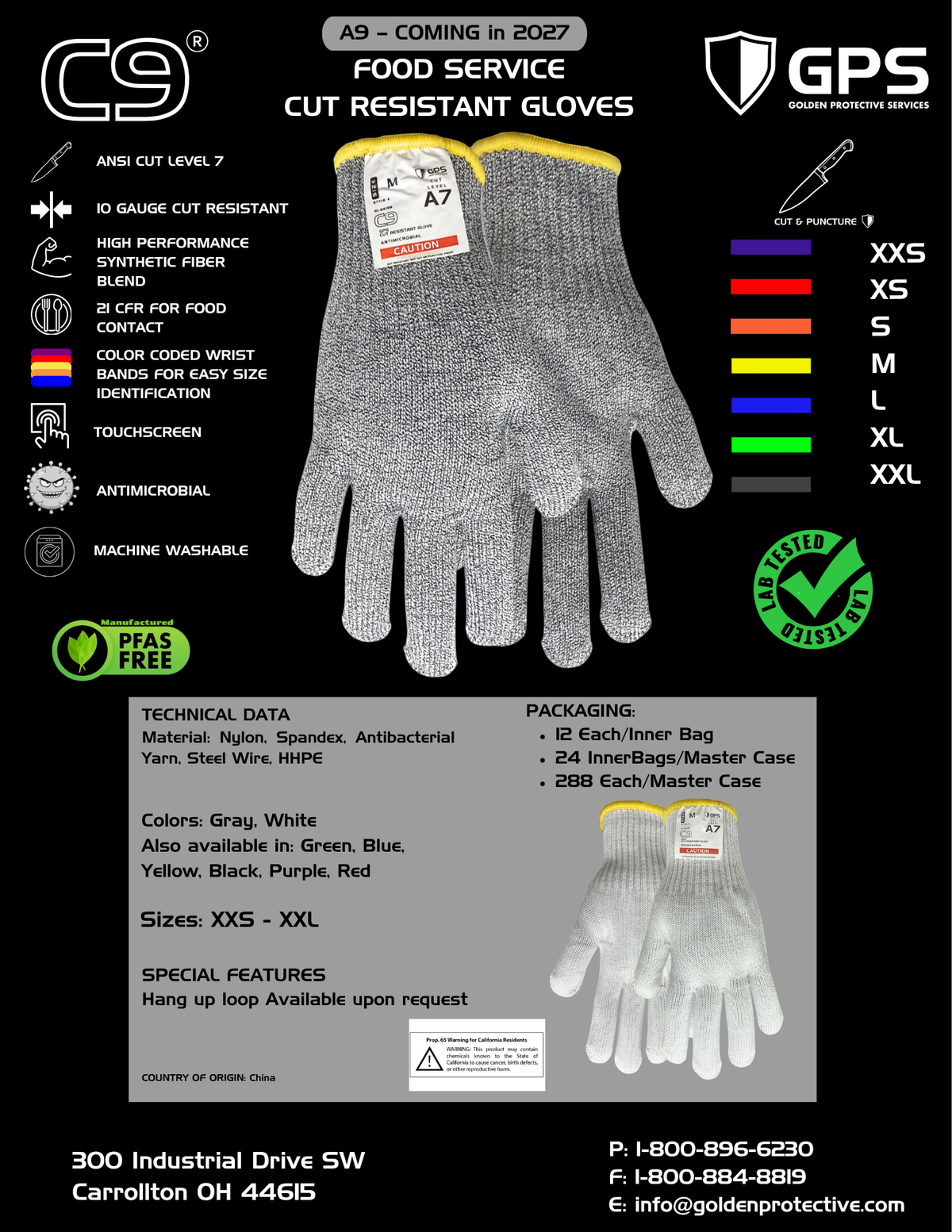 C9®, 10 Gauge Cut Resistant Grey Glove w/Hang Up Loop ANSI Cut Level 7 - Sizes XXS-XXL