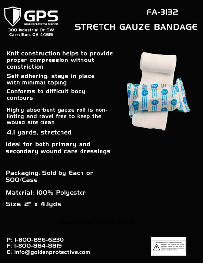 Stretch Gauze Bandage, 2" x 4.1 YDS, Self-Adhering, 100% Polyester