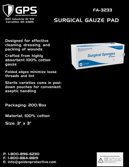 Surgical Gauze Pad, 3" x 3", 100% Cotton Gauze, 200 Per Box