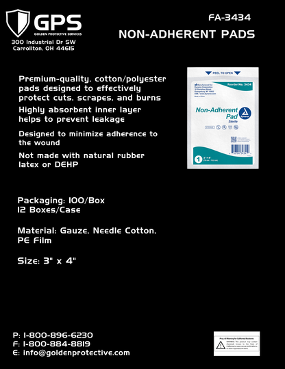 Non-Adherent Pads, Cotton/Polyester, 3" x 4", Wound Protection, 100 Per Box