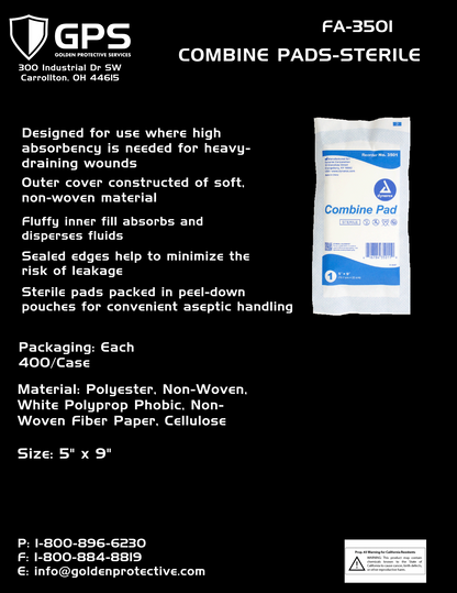 Combine Pads, 5" x 9", Sterile, Non-Woven, White Polyprop Phobic