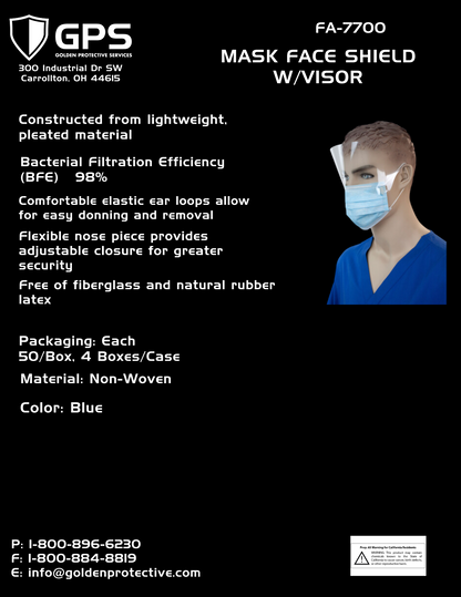 Mask Face Shield w/Visor, BFE 98%, Non-Woven, Blue