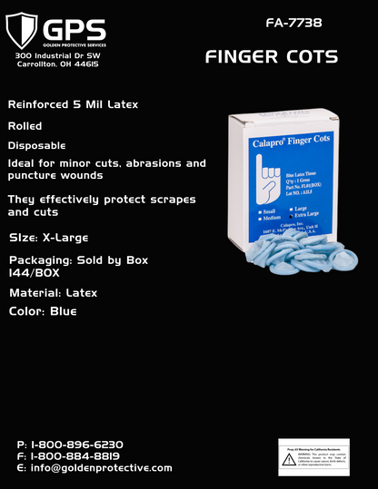 Blue Finger Cots, Reinforced 5 Mil Latex, Rolled, 144 Per Box, Size XL