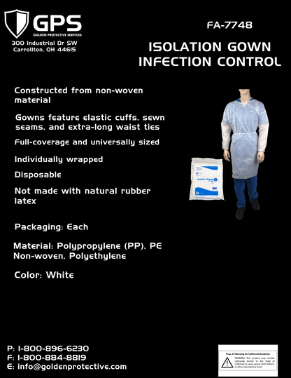 Isolation Gown, Infection Control, Non-Woven Material, Disposable, White