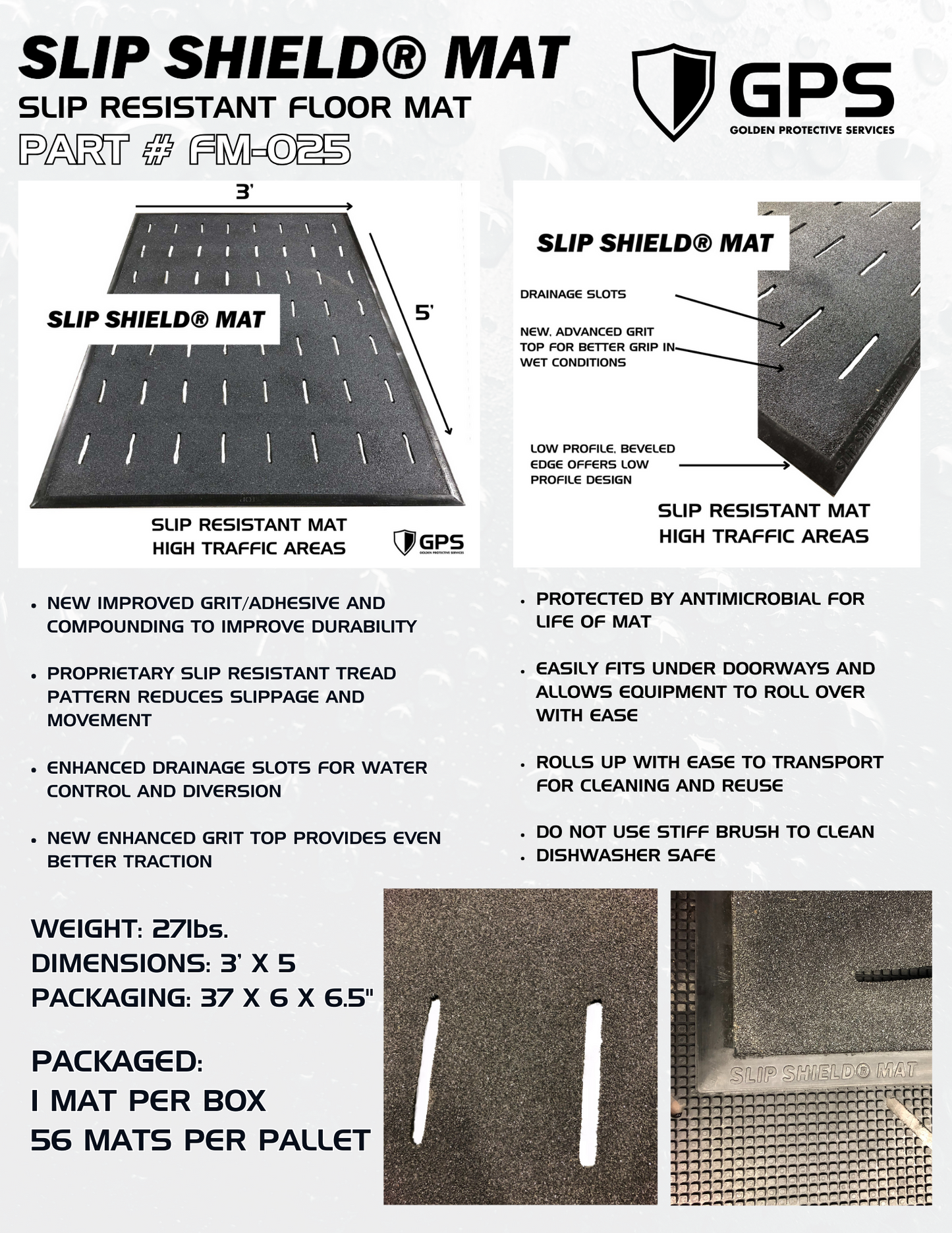 Slip Shield™  3' x 5' Slip Resistant Grit Top Mat with Drainage Slots by GPS