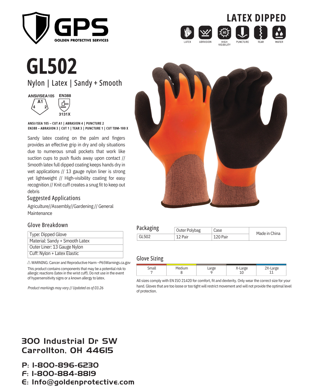 GL502 Sandy Latex Dipped Work Gloves - Orange with Black Palm Dip