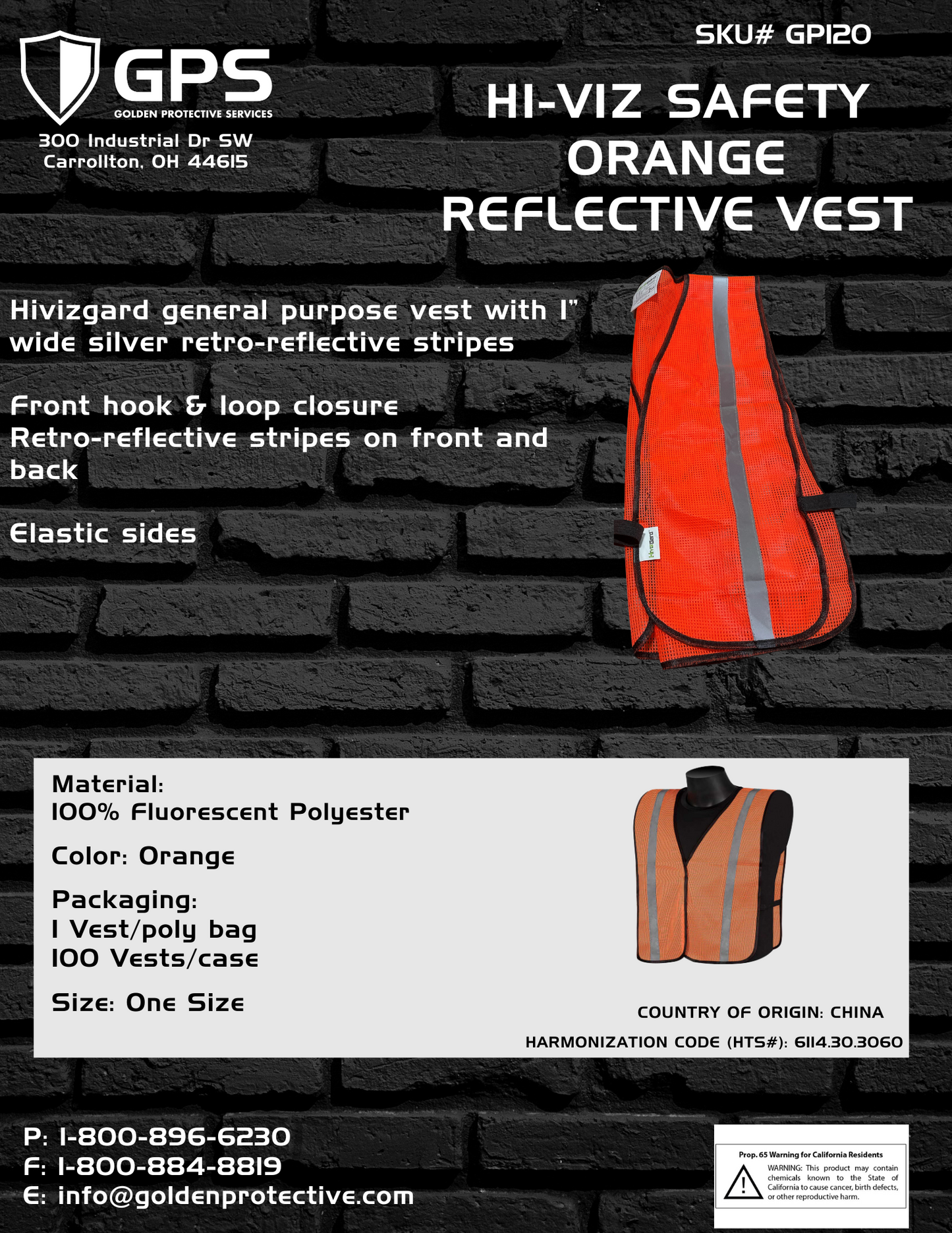 Hi-Viz Safety Orange Reflective Vest, 1" Vinyl Reflective Material