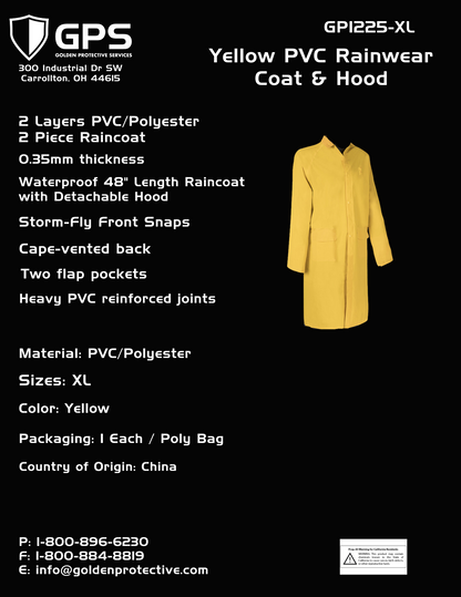 GP1225 Yellow PVC Rainwear Coat and Hood, 48" Length, Detachable Hood, 0.35mm Thickness, Size XL