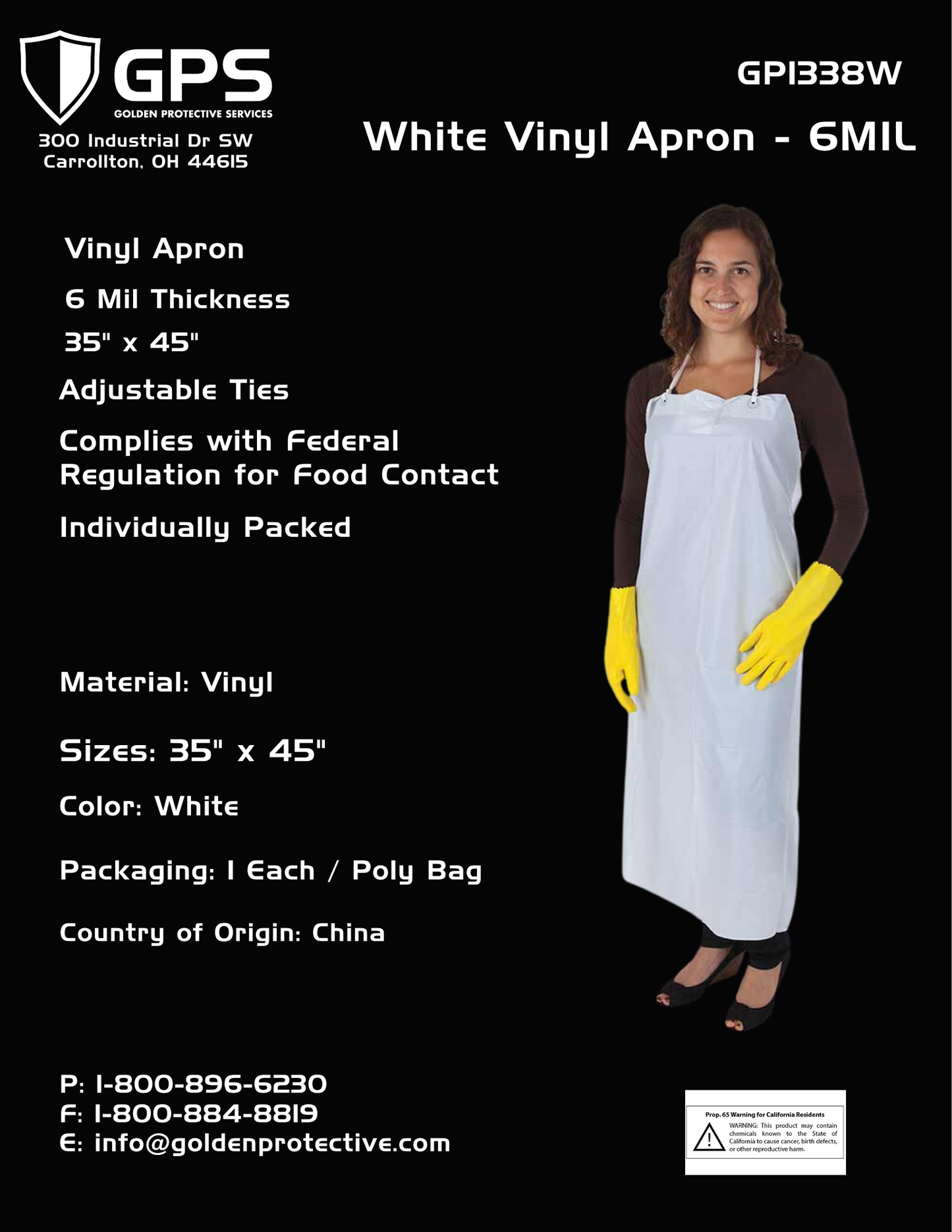 GP1338W - 6mil White Vinyl Apron | Waterproof, Chemical-Resistant, USDA Approved